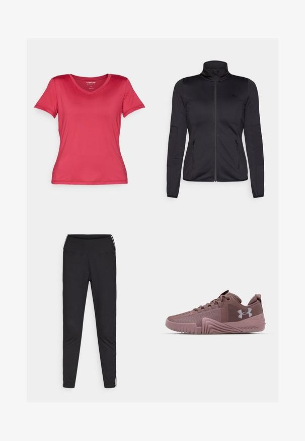 Jaqueta preta com fecho éclair e gola alta, feita de um tecido liso e elástico, apresentando dois bolsos frontais com fecho éclair e mangas texturizadas.; T-shirt de gola em V, com mangas curtas, na cor rosa brilhante, feita de um tecido liso e elástico. Apresenta um design ajustado com linhas limpas e sem padrões visíveis.; Leggings pretos feitos de tecido elástico. Cintura alta, ajuste justo, com riscas brancas nas costuras exteriores. Textura suave.; Ténis de desporto de cor rosa escura com parte superior em malha texturada, sola de borracha e padrão de aderência pronunciado; apresenta logo lateral e colarinho acolchoado.