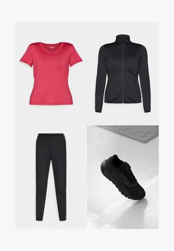 Melns zip-up jakas ar augstu apkakli, izgatavota no gludas, elastīgas auduma, ar divām kabatām priekšpusē ar rāvējslēdzējiem un teksturētām piedurknēm.; V-veida, īsām piedurknēm T-krekls spilgti rozā krāsā, izgatavots no gludas, elastīgas auduma. Ietver pieguļošu dizainu ar gludām līnijām un bez redzamām rakstiem.; Melnas legiņas, izgatavotas no elastīga materiāla. Augsts jostasvieta, pieguļošs piegriezums, ar baltām sānu svītrām gar ārējām šuvēm. Gluda tekstūra.; Melna sporta apava, kas veidota ar sietu augšdaļu, apaļu pirkstu daļu, mīkstu zoli un teksturētām akcentiem, novietota uz gludas baltas virsmas.