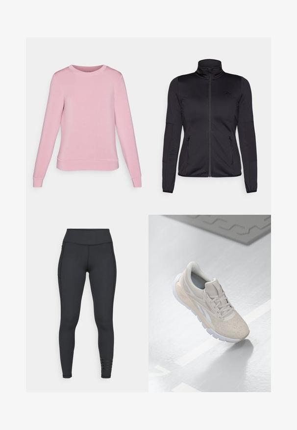 Musta vetoketjullu takki korkealla kauluksella, valmistettu sileästä ja joustavasta kankaasta, jossa on kaksi vetoketjullista etutaskua ja teksturoituja hihoja.; Vaaleanpunainen huppari, jossa on pitkät hihat, pyöreä pääntie sekä ribbireunukset hihansuissa ja helmassa. Valmistettu pehmeästä kankaasta, jossa on sileä rakenne.; Mustat legginsit, jotka on valmistettu joustavasta materiaalista. Niissä on korkea vyötärö, tyylikäs muotoilu ja raidalliset yksityiskohdat nilkassa.; Vaaleabeige urheilusukka, jossa on rei'itetty päällinen, tekstuuriset aksentit, pehmustettu nilkkareunus ja valkoinen kumipohja, suunniteltu mukavuutta ja hengittävyyttä varten.