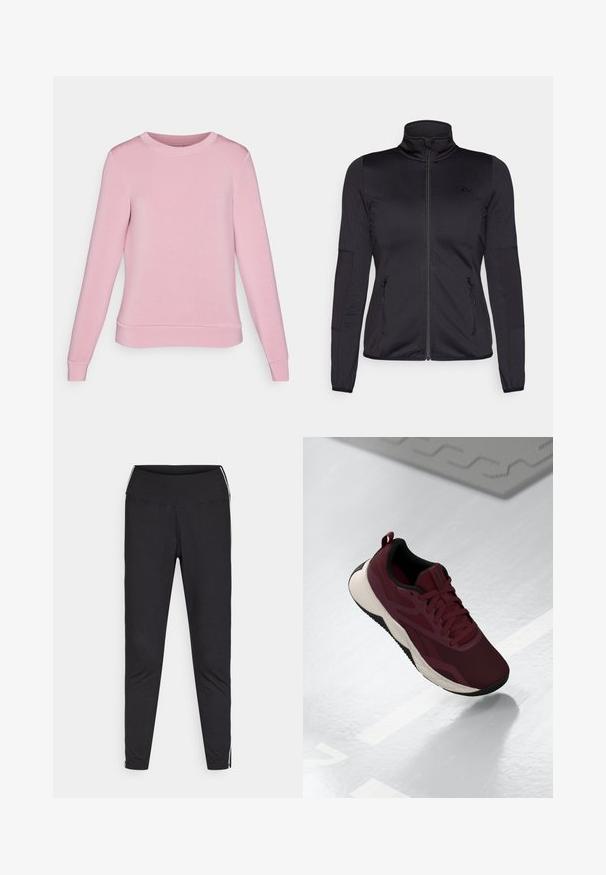 Jachetă neagră cu fermoar, cu guler înalt, confecționată dintr-un material neted și elastic, având două buzunare frontale cu fermoar și mâneci texturate.; Sweatshirt roz deschis cu mâneci lungi, decolteu rotund și manșete și tiv ribbate. Fabricat dintr-un material moale cu o textură netedă.; Colanți negri din material elastic. Talie înaltă, croială ajustată, cu dungi albe pe laturile exterioare. Textură netedă.; Shoe sportiv maron cu parte superioară din plasă, accente negre și o talpă albă cu amortizare. Prezintă închidere cu șireturi și un manșon la călcâi.