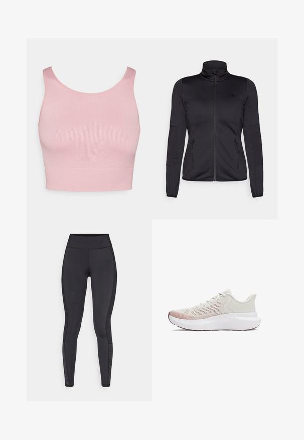 Juoda zip-up striukė su aukštu apykakle, pagaminta iš lygaus, elastingo audinio, turinti dvi užtrauktukais uždaromas priekinės kišenes ir tekstūruotas rankoves.; Rožinė, raukšlėta trumpa viršūnė su apvaliu iškirpimu ir plačiomis petnešomis, turinti lygią tekstūrą ir prigludusį siluetą.; Juodos leggingai pagaminti iš elastingos medžiagos. Aukštas juosmuo, glotnus paviršius, su raštuotais akcentais apatiniame kojos plote.; Lengvi sportiniai bateliai su kvėpuojančiu baltu tinkleliu, gradientiniais rožiniais akcentais ir storesne balta nėriniuota padu.