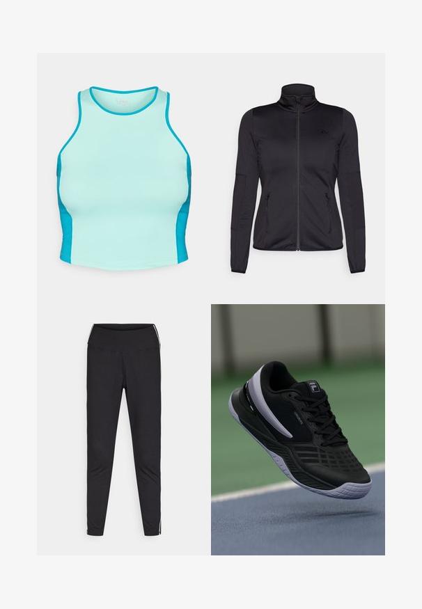 Fekete cipzáras dzseki magas gallérral, sima, rugalmas anyagból készült, elöl két cipzáras zsebbel és texturált ujakkal.; Egy testhezálló sporttop világos akvamarin színben, sötétebb akvamarin oldalpanelekkel. Rugalmas anyagból készült, sima tapintással és kerek nyakkivágással.; Fekete leggings rugalmas anyagból. Magas derék, szűkített fazon, fehér oldalcsíkokkal a külső varrások mentén. Sima felület.; Fekete sportcipő texturált hálós felsőrésszel, kontrasztos fehér elemekkel és tartós gumitalppal, a teljesítmény és a kényelem érdekében tervezve.
