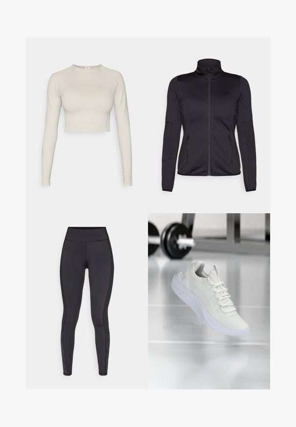 Svart zip-up jakke med høy krage, laget av glatt, elastisk stoff, med to glidelås-lommer foran og teksturerte ermer.; Lys beige, langermet kort topp laget av elastisk stoff. Har rund hals og ribbede ermelinninger. Glatt tekstur.; Svarte tights laget av elastisk materiale. Høy midje, glatt tekstur, med mønstrede detaljer ved leggen.; Hvit atletisk sneaker med et teksturert mesh-overdel og snøring, med en polstret hvit såle og subtile ribbede detaljer.
