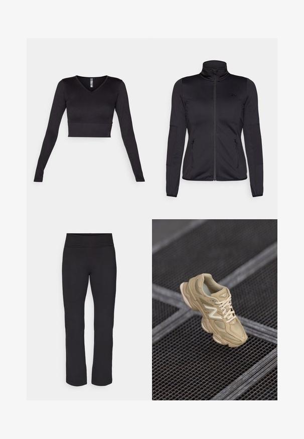 Črna jakna na zadrgo z visokim ovratnikom, izdelana iz gladkega, raztegljivega materiala, z dvema sprednjima žepoma na zadrgo in teksturiranimi rokavi.; Črn dolg rokav skrajšan top z V-izrezom, izdelan iz gladkega materiala, s kanalčkom na robu in prilegajočim dizajnom.; Črne legice iz gladkega, raztegljivega materiala s širokim pasom. Imajo ravne hlačnice, ki segajo do tal, brez vidnih vzorcev ali dodatkov.; Bežna športna obutev iz najlonskih in semiš materialov, teksturirana zgornja stran, zaobljen toe, debel podplat in opazna blagovna znamka. Šnure v usklajeni barvi.