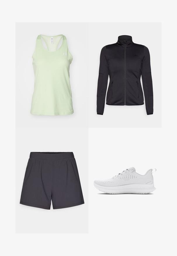 Giacca zip-up nera con colletto alto, realizzata in un tessuto liscio e elasticizzato, dotata di due tasche frontali con zip e maniche strutturate.; Canotta atletica verde chiaro con una finitura testurizzata, design a schiena scoperta e un piccolo logo bianco sulla parte sinistra del petto.; Pantaloni sportivi neri realizzati in un tessuto leggero e elasticizzato. Presentano una vita elasticizzata e un design semplice e senza fronzoli.; Scarpe sportive grigio chiaro con tomaia testurizzata, perforazioni per la traspirazione e suola in gomma con un motivo di battistrada distintivo.