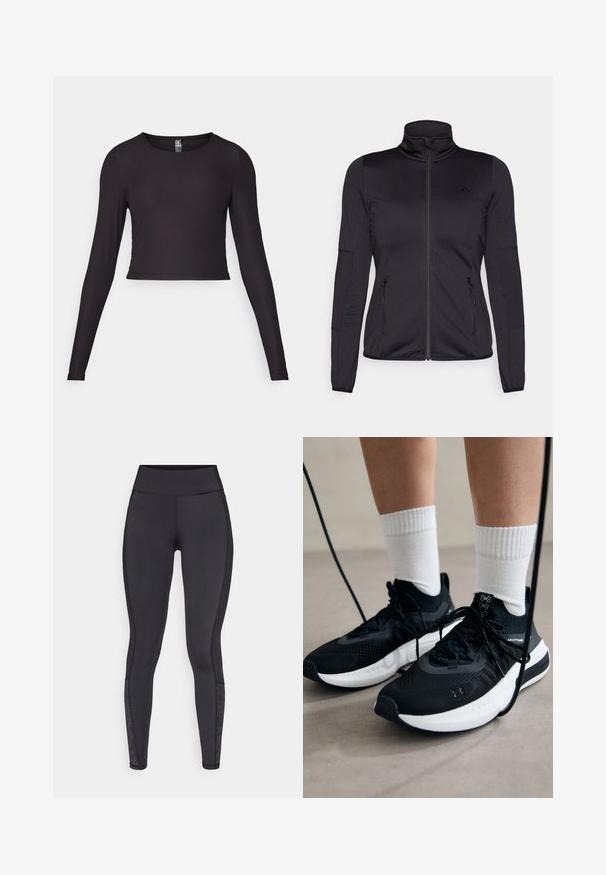 Černá bunda na zip s vysokým límcem, vyrobená z hladkého, elastického materiálu, se dvěma předními kapsami na zip a texturovanými rukávy.; Černý krátký top s dlouhým rukávem vyrobený z proužkované tkaniny. Má kulatý výstřih a přiléhavý střih s texturovaným povrchem.; Černé legíny vyrobené z elastického materiálu. Vysoký pas, hladká textura, se vzorovanými akcenty na dolní části nohou.; Černé sportovní boty s texturovanou tkaninou, bílou podrážkou a černými tkaničkami. Nosené s bílými žebrovanými ponožkami, stojící na světlém povrchu.