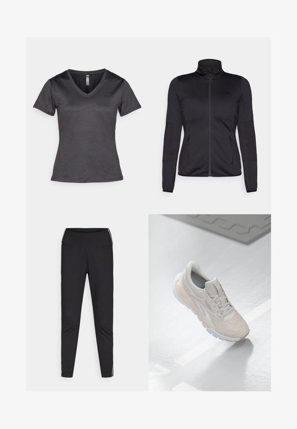 Melns zip-up jakas ar augstu apkakli, izgatavota no gludas, elastīgas auduma, ar divām kabatām priekšpusē ar rāvējslēdzējiem un teksturētām piedurknēm.; Tumši pelēks V veida kakla T-krekls ar īsām piedurknēm, izgatavots no gludas auduma. Satur diskrētu logo uz krūtīm un šaura piegriezuma dizainu.; Melnas legiņas, izgatavotas no elastīga materiāla. Augsts jostasvieta, pieguļošs piegriezums, ar baltām sānu svītrām gar ārējām šuvēm. Gluda tekstūra.; Gai bēša sporta apavi ar caurumiņiem augšdaļā, teksturētiem akcentiem, mīkstu apkakli un baltu gumijas zoli, kas paredzēti komfortam un gaisa caurlaidībai.