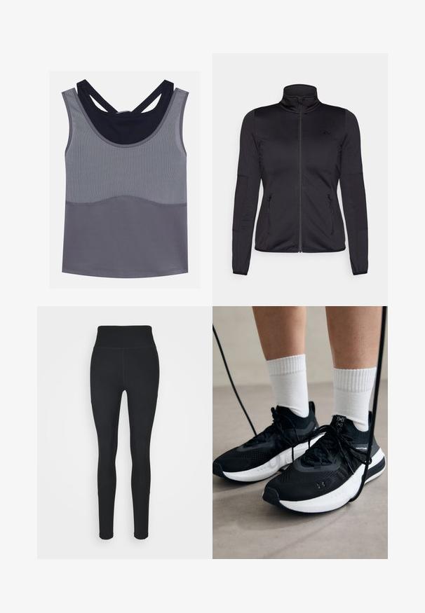 Fekete cipzáras dzseki magas gallérral, sima, rugalmas anyagból készült, elöl két cipzáras zsebbel és texturált ujakkal.; Szürke sportos ujjatlan felső, kerek nyakkivágással és versenyhát kialakítással, kontrasztos sötétkék részletekkel. Texturált anyagból készült, varrás nélküli konstrukcióval.; Fekete leggings rugalmas anyagból, magas derékkal, az oldalukon bordázott panelekkel és szűkített fazonnal, amely a bokánál szűkül.; Fekete sportcipők textúrált anyagból, fehér talppal és fekete fűzőkkel. Fehér bordázott zoknikkal viselve, világos felületen állva.