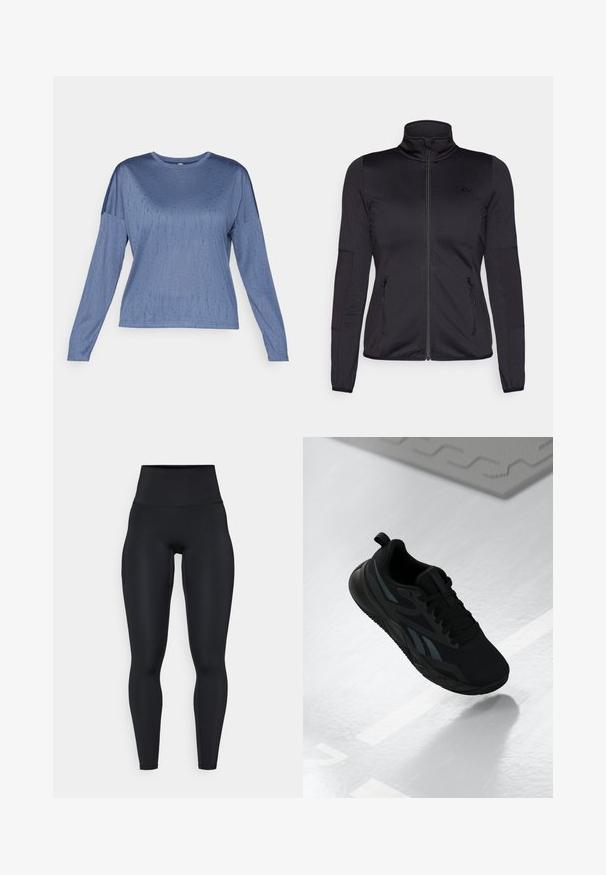 Črna jakna na zadrgo z visokim ovratnikom, izdelana iz gladkega, raztegljivega materiala, z dvema sprednjima žepoma na zadrgo in teksturiranimi rokavi.; Modra majica z dolgimi rokavi, ki se ponaša z gladko teksturo, okroglo ovratnikom in rahlo spuščeno rameni. Diskretni vzorec dodaja vizualni učinek.; Črne legice z visokim pasom, narejene iz raztegljivega materiala, s gladko teksturo, prilegajočim se oblikovanjem in podrobnostmi stranske žepke.; Črne atletske čevlje z mrežastim zgornjim delom, ki vključujejo teksturirane detajle in ravno obliko podplata. Vključujejo tonalne blagovne znamke in zanko za pomoč pri obuvanju na peti.