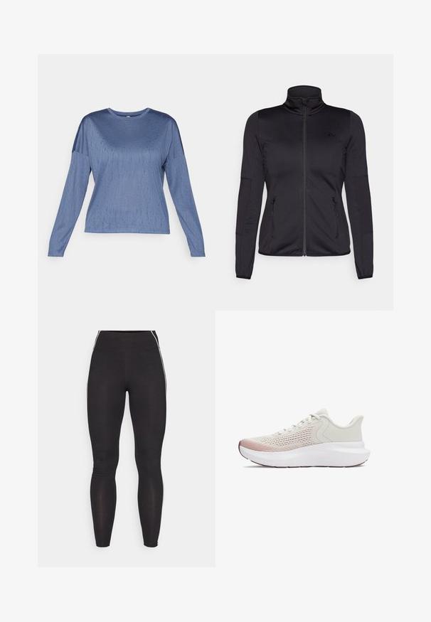 Juoda zip-up striukė su aukštu apykakle, pagaminta iš lygaus, elastingo audinio, turinti dvi užtrauktukais uždaromas priekinės kišenes ir tekstūruotas rankoves.; Ilgų rankovių mėlynas viršus, turintis sklandžią tekstūrą, apvalią iškirptę ir šiek tiek nuleistas pečius. Subtilus raštas prideda vizualinį susidomėjimą.; Juodos leggingai, pagaminti iš tamprios medžiagos, su aukštu juosmeniu. Pasižymi baltais šoniniais dryžiais ir sklandžia tekstūra visame paviršiuje.; Lengvi sportiniai bateliai su kvėpuojančiu baltu tinkleliu, gradientiniais rožiniais akcentais ir storesne balta nėriniuota padu.