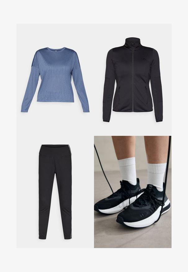 Čierna zipsová bunda s vysokým golierom, vyrobená z hladkého, elastického materiálu, so zipsovými prednými vreckami a štruktúrovanými rukávmi.; Modrá blúzka s dlhým rukávom, ktorá má hladkú textúru, okrúhly výstrih a mierne znížené ramená. Jemný vzor pridáva vizuálny záujem.; Čierne legíny vyrobené zo strečového materiálu. Vysoký pás, zúžený strih, obsahujú biele bočné prúžky podél vonkajších švov. Hladká textúra.; Čierne športové topánky s textúrovanou tkaninou, bielou podrážkou a čiernymi šnúrkami. Nosené s bielymi rebrovanými ponožkami, postavené na svetlom povrchu.
