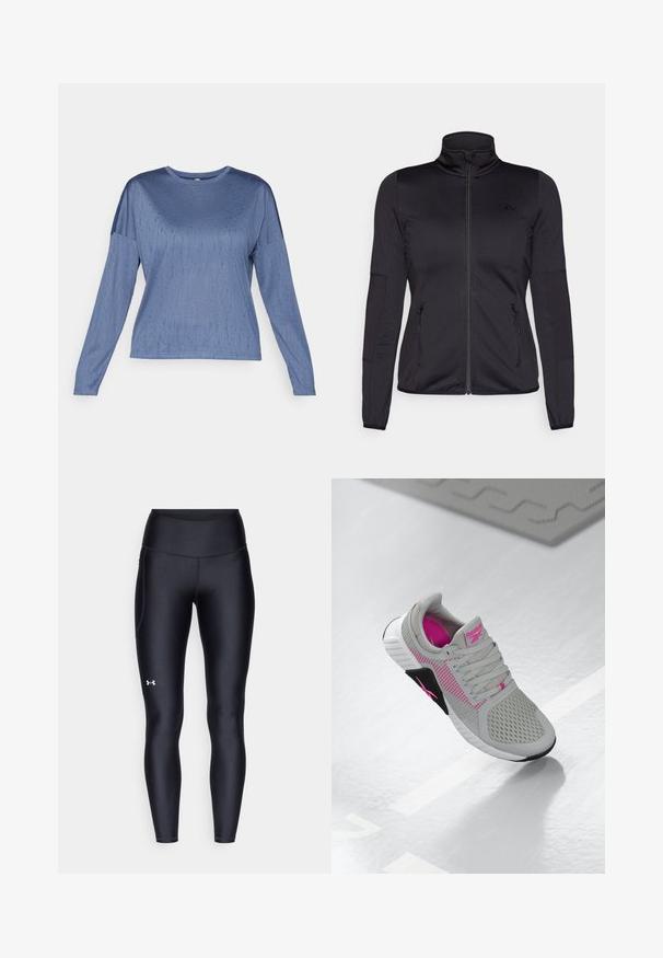 Jachetă neagră cu fermoar, cu guler înalt, confecționată dintr-un material neted și elastic, având două buzunare frontale cu fermoar și mâneci texturate.; Bluză cu mânecă lungă de culoare albastră, cu o textură fină, decolteu rotund și umeri ușor lăsați. Un model subtil adaugă interes vizual.; Colanți negri dintr-un material neted și elastic, cu un brâu înalt. Prezentând un logo alb pe cuartul stâng și un design ajustat.; Adidași sport Reebok gri și roz, cu partea superioară din plasă și talpă detaliată, expuși pe o suprafață albă reflexivă.