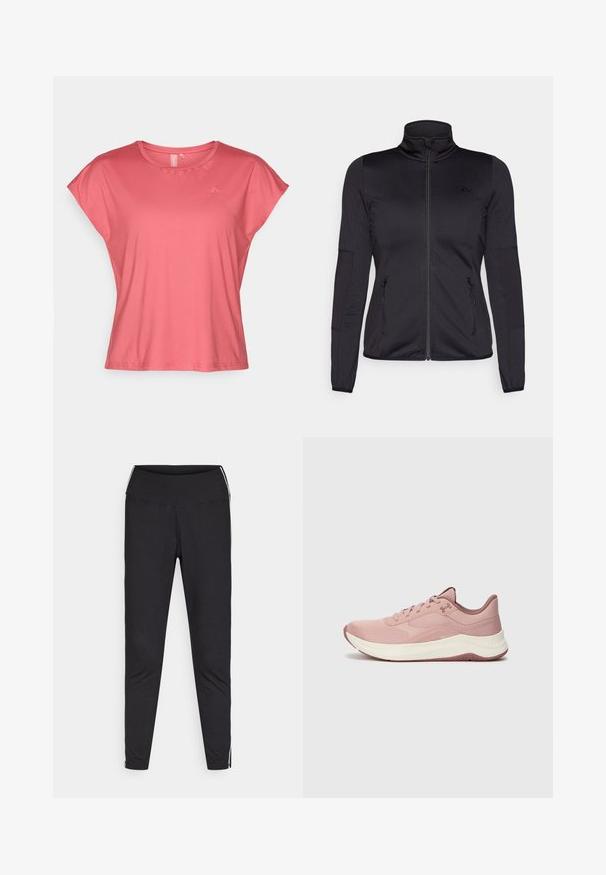 Svart zip-up jakke med høy krage, laget av glatt, elastisk stoff, med to glidelås-lommer foran og teksturerte ermer.; Korte erm t-skjorte i korallfarge laget av glatt stoff med rund hals og avslappet passform. Har minimal merkevare i øverste venstre hjørne.; Sorte leggings laget av elastisk stoff. Høy midje, tettsittende passform, med hvite side-striper langs de ytre sømmene. Glatt tekstur.; Lys rosa treningssko med mesh-overdel, polstret krage og hvit mellomsåle. Har teksturerte mønstre og en gummisåle med godt grep.