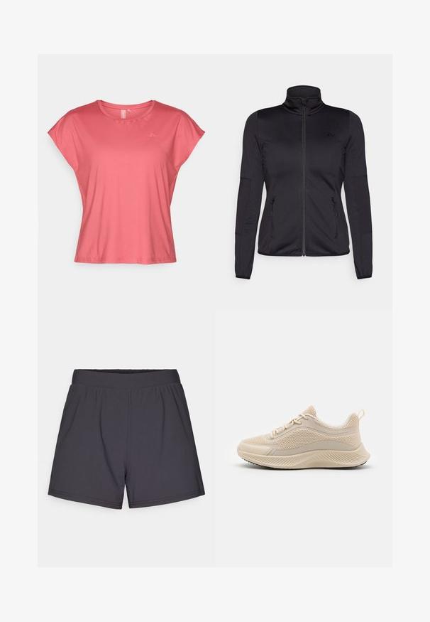 Črna jakna na zadrgo z visokim ovratnikom, izdelana iz gladkega, raztegljivega materiala, z dvema sprednjima žepoma na zadrgo in teksturiranimi rokavi.; Kratka majica s kratkimi rokavi koralne barve, izdelana iz gladkega materiala, z okroglim izrezom in sproščenim krojem. Ima minimalno blagovno znamko na zgornjem levem delu.; Črne športne kratke hlače iz lahkega, elastičnega materiala. Imajo elastičen pas in preprost, brez okrasja oblikovanje.; Bežna atletska čevlja z mrežastim zgornjim delom, sintetičnimi detajli, lahkim podplatom in teksturiranimi detajli. Eleganten, poenostavljen dizajn z vezalkami.