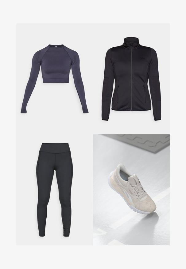 Μαύρο φούτερ με φερμουάρ και ψηλό λαιμό, κατασκευασμένο από λεία, ελαστική ύλη, με δύο μπροστινές τσέπες με φερμουάρ και υφασμάτινα μανίκια.; Μακρυμάνικο, κοντό τοπ σε σκούρο γκρι ύφασμα. Διαθέτει ψηλό λαιμό, εφαρμοστή σχεδίαση και ριμπ μανσέτα. Λείο υφάσμα με ελάχιστες ραφές.; Μαύρο κολάν φτιαγμένο από ελαστικό υλικό, με ψηλή ζώνη, κομψό σχέδιο και διακοσμητικές ρίγες κοντά στον αστράγαλο.; Αθλητικό παπούτσι σε ανοιχτό μπεζ χρώμα με διάτρητο πάνω μέρος, υφή στις λεπτομέρειες, μαλακή περιφέρεια γύρω από τον αστράγαλο και λευκή καουτσούκ σόλα, σχεδιασμένο για άνεση και αερισμό.