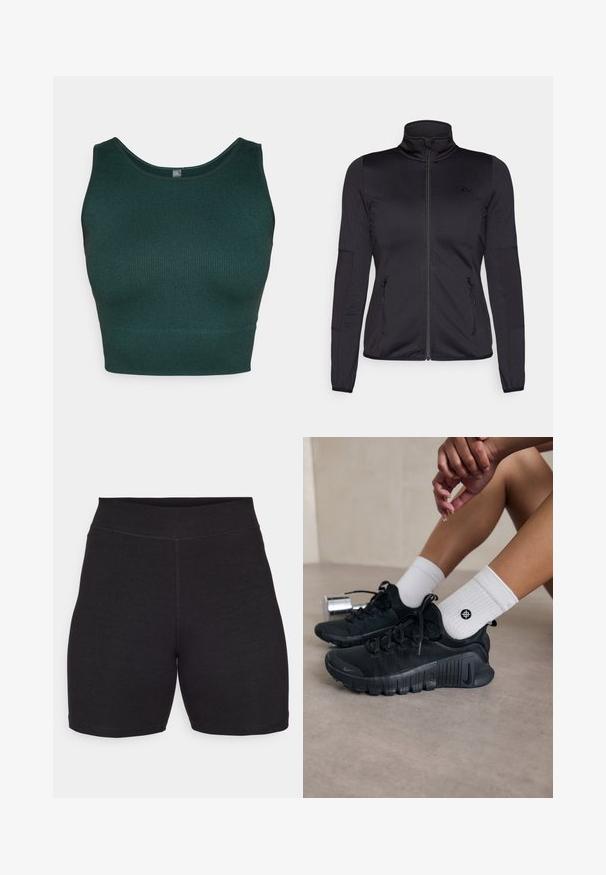 Črna jakna na zadrgo z visokim ovratnikom, izdelana iz gladkega, raztegljivega materiala, z dvema sprednjima žepoma na zadrgo in teksturiranimi rokavi.; Temno zeleni rebrasti kratki top s krožnim ovratnikom in širokimi naramnicami, izdelan iz teksturirane pletenine.; Črne kolesarske kratke hlače z visokim pasom, izdelane iz raztegljivega, mehkega materiala. Imajo ravne šive in gladko teksturo za udobje.; Črne športne čevlje z teksturirano tkanino, vezanim dizajnom in izrazitim podplatom, v kombinaciji z belimi rebrastimi nogavicami z majhnim logotipom.
