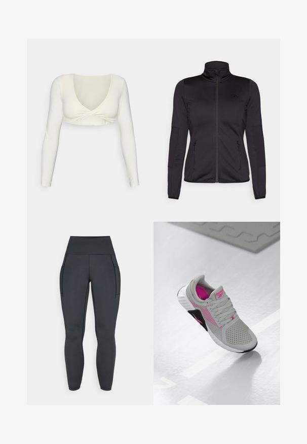 Juoda zip-up striukė su aukštu apykakle, pagaminta iš lygaus, elastingo audinio, turinti dvi užtrauktukais uždaromas priekinės kišenes ir tekstūruotas rankoves.; Balta ilgomis rankovėmis trumpa palaidinė su giliu V formos iškirpimu ir suktuoju priekyje, pagaminta iš lygaus, elastingo audinio.; Aukštos juosmens juodos legging'ų kelnės, pagamintos iš tamprios, lygaus audinio. Yra dvi šoninės kišenės ir kontrastingas siūlių siuvinėjimas.; Pilkas ir rožinis Reebok sportinis kedas su tinkleliu viršuje ir detaliu padu, rodoma ant atspindinčio balto paviršiaus.