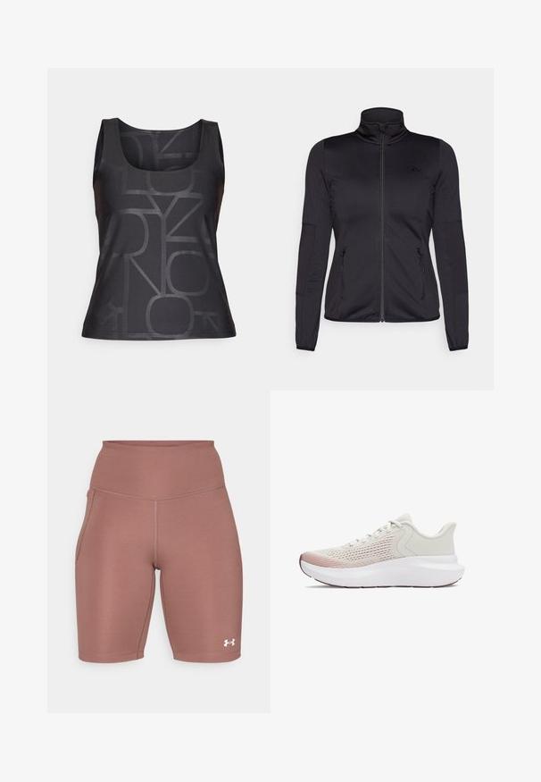 Black zip-up jacket with a high collar, constructed from smooth, stretchy fabric, featuring two zippered front pockets and textured sleeves.; Black sleeveless tank top featuring a tonal geometric pattern. Made from smooth fabric with a rounded neckline and a fitted silhouette.; High-waisted athletic shorts in muted rose color. Made of smooth, stretchy fabric with side pocket and white logo accent near hem.; Lightweight athletic shoes with a breathable white mesh upper, gradient pink accents, and a thick white sole with textured detailing.