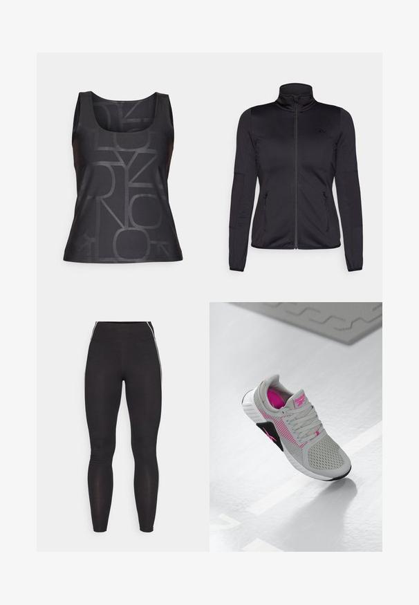 Čierna zipsová bunda s vysokým golierom, vyrobená z hladkého, elastického materiálu, so zipsovými prednými vreckami a štruktúrovanými rukávmi.; Čierny bezrukávový top s tónovým geometrickým vzorom. Vyrobený z hladkej tkaniny s okrúhlym výstrihom a priliehavým strihom.; Čierne legíny vyrobené z elastického materiálu s vysokým pásom. Obsahujú biele bočné pruhy a hladkú textúru po celom povrchu.; Šedé a ružové športové tenisky Reebok s priedušnou vrchnou časťou a detailnou podrážkou, vystavené na lesklom bielom povrchu.