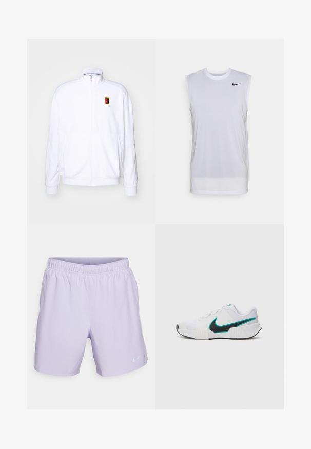 Hanorac alb cu fermoar, realizat dintr-un material moale, având guler înalt și un mic logo Nike multicolor pe partea stângă a pieptului.; Cameră de sport fără mâneci, de culoare albă, fabricată din material ușor. Are un gât rotund și un mic logo Nike de culoare neagră în partea din stânga sus.; Şorturi atletice de culoare violet deschis, cu talie elastică, buzunare laterale și un logo Nike reflectorizant în partea stângă jos. Material neted, ușor.; Shoe sportiv alb cu un superior din plasă texturată, talpă din cauciuc negru și accent Nike swoosh în nuanță teal. Dispune de șireturi și guler căptușit.