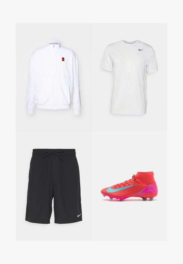 White zip-up sweatshirt made of soft fabric, featuring a high neck and a small multicolored Nike logo on the left chest.; White short-sleeve t-shirt made of smooth fabric. Features a round neck and a small black Nike logo on the left chest.; Black athletic shorts made of lightweight fabric, featuring an elastic waistband with drawstring, and a small white Nike logo on the lower left.; Nike football boots in vibrant red with a turquoise swoosh. Features a high ankle design, textured upper, and pink outsole with molded studs.