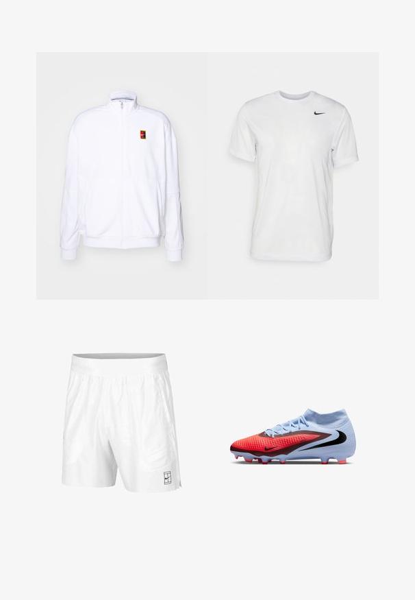 Sweatshirt branco com fecho zíper, feito de um tecido macio, com um gola alta e um pequeno logótipo multicolorido da Nike no lado esquerdo do peito.; T-shirt branca de mangas curtas feita de tecido suave. Apresenta um decote redondo e um pequeno logótipo da Nike em preto no lado esquerdo do peito.; Calções atléticos brancos feitos de um tecido leve com um cós elástico, apresentando dois bolsos laterais e um pequeno logotipo preto na bainha.; Chuteira de futebol Nike azul claro e vermelha com swoosh preto, parte superior texturizada, colarinho tipo meia e cravos moldados com ponta vermelha.