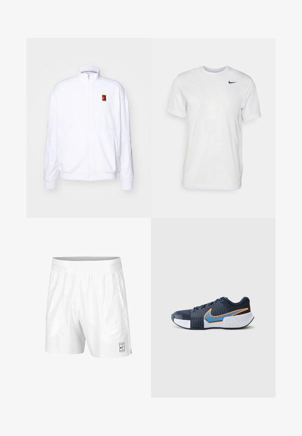 White zip-up sweatshirt made of soft fabric, featuring a high neck and a small multicolored Nike logo on the left chest.; White short-sleeve t-shirt made of smooth fabric. Features a round neck and a small black Nike logo on the left chest.; White athletic shorts made of lightweight fabric with an elastic waistband, featuring two side pockets and a small black logo on the hem.; Sport shoes with a navy mesh and synthetic upper, orange and blue accents, textured sides, and a white rubber sole.