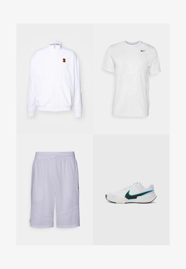 Bela zip-up dukserica iz mehkega materiala, s visokim ovratnikom in majhnim večbarvnim Nike logotipom na levem prsnem delu.; Bela kratka majica s kratkimi rokavi, izdelana iz gladkega materiala. Ima okroglo ovratnico in majhen črn Nike logotip na levi prsni strani.; Bela atletska kratka hlače iz zračnega mrežastega materiala. Imajo elastičen pas in podrobnosti s kotnimi paneli na robu.; Bela športna copata z teksturiranim mrežastim zgornjim delom, črnimi gumijastimi podplati in teal Nike simbolom kot poudarkom. Ima vezalke in oblazinjen ovratnik.