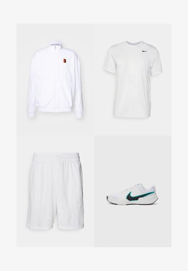 Biała bluza rozpinana wykonana z miękkiego materiału, z wysokim kołnierzem i małym, wielokolorowym logo Nike po lewej stronie klatki piersiowej.; Biała koszulka z krótkim rękawem wykonana z gładkiego materiału. Posiada okrągły dekolt oraz małe czarne logo Nike po lewej stronie klatki piersiowej.; Białe spodenki sportowe wykonane z teksturowanej, oddychającej siateczki. Posiadają elastyczny pas i akcenty w warstwowymi wzorach.; Białe buty sportowe z teksturowaną siateczką, czarną gumową podeszwą i akcentem w kolorze turkusowym w kształcie logo Nike. Posiadają sznurowadła i wyściełany kołnierz.