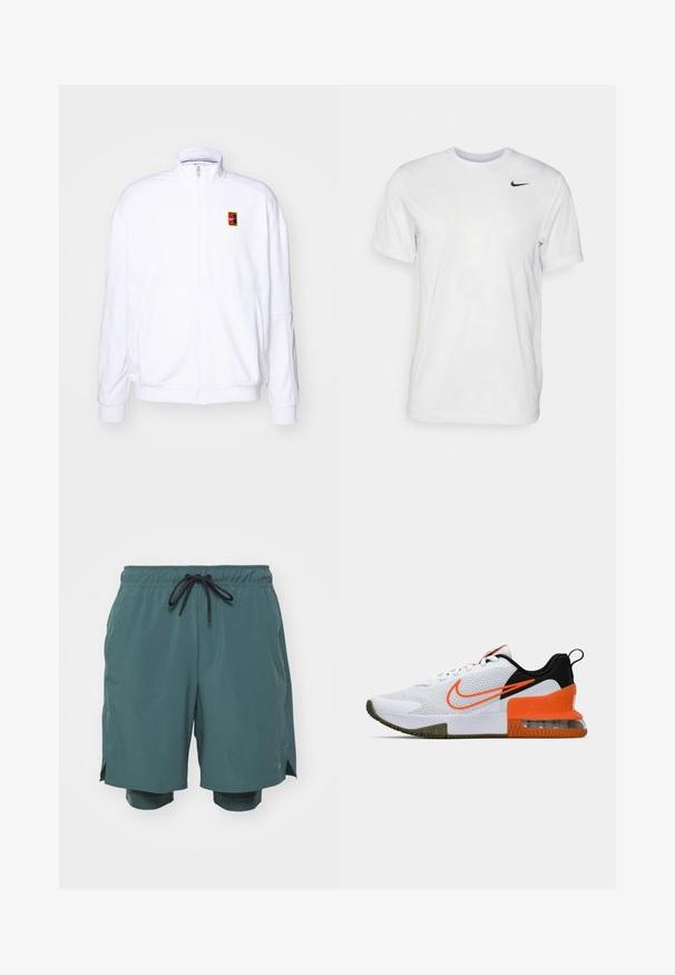 White zip-up sweatshirt made of soft fabric, featuring a high neck and a small multicolored Nike logo on the left chest.; White short-sleeve t-shirt made of smooth fabric. Features a round neck and a small black Nike logo on the left chest.; Nike Performance UNLIMITED - Sports shorts - vintage green/fir/black; White athletic shoe with a textured mesh upper, black and orange accents, a thick rubber sole, and a clear air cushion section at the heel.