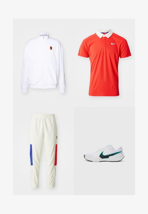 Bílá mikina na zip vyrobená z měkké tkaniny, s vysokým límcem a malým barevným logem Nike na levé hrudi.; Červená polyesterová polo košile s bílým límcem, s knoflíkovou légou a malým bílým logem Nike na hrudi. Hladká textury.; Bílé sportovní kalhoty s elastickým pasem, s modrými a červenými bočními panely. Hladký povrch, zúžený střih a žádné viditelné zapínání.; Bílé sportovní tenisové boty s texturovaným síťovým vrškem, černou gumovou podrážkou a akcentem v barvě tyrkysové na logu Nike. Obsahují šněrování a polstrovaný límec.