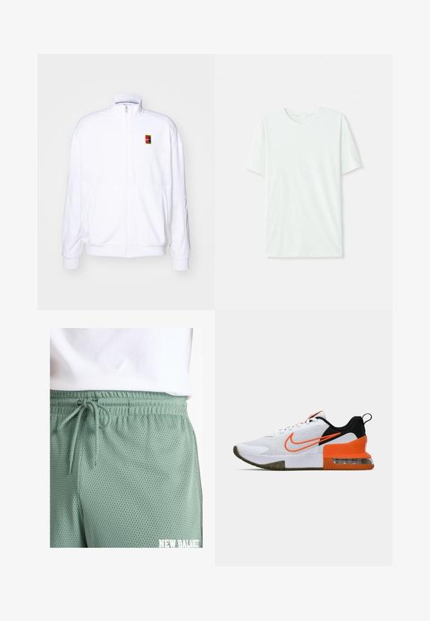 Bijela dukserica na zip, napravljena od mekog materijala, sa visokim ovratnikom i malim višebojnim Nike logom na lijevoj strani grudi.; Svijetlo mint zelena majica kratkih rukava izrađena od mekog materijala. Ima okrugli vrat i jednostavan, ravni kroj bez ukrasa.; Svijetlozelene mrežaste šortse s elastičnom trakom u struku i vezicom. Sadrže male perforacije za prozračnost i bijeli logo detalj.; Bijela atletska cipela s teksturiranim mrežastim gornjim dijelom, crnim i narančastim naglascima, debelim gumastim potplatom i prozirnim zračnim jastučićem na peti.