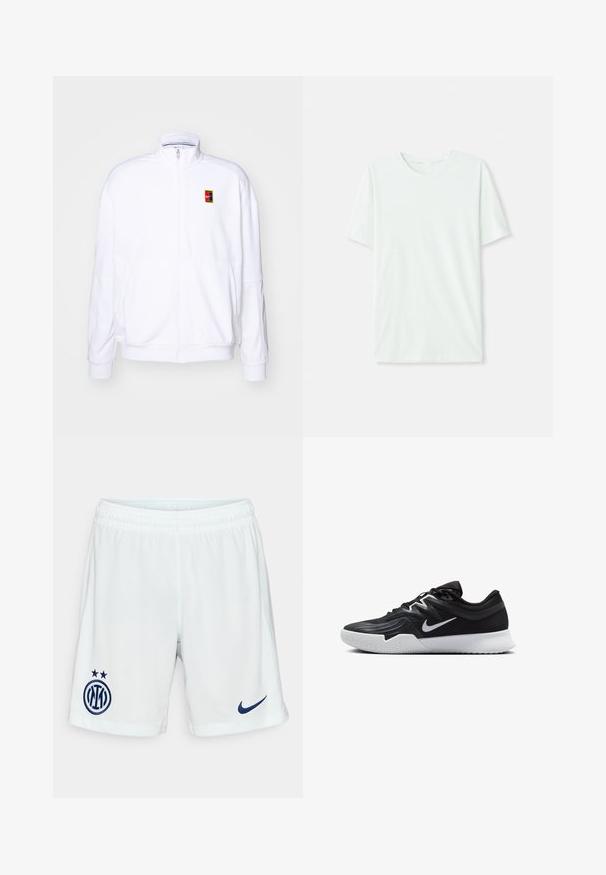 White zip-up sweatshirt made of soft fabric, featuring a high neck and a small multicolored Nike logo on the left chest.; Light mint green short-sleeve t-shirt made of soft fabric. Features a crew neckline and a simple, straight cut without embellishments.; White athletic shorts made from lightweight fabric featuring an embroidered blue logo and two stars on the lower left leg.; Black athletic shoe with a textured upper, white Nike swoosh, and a white rubber outsole. Features a lace-up design and dynamic shape.