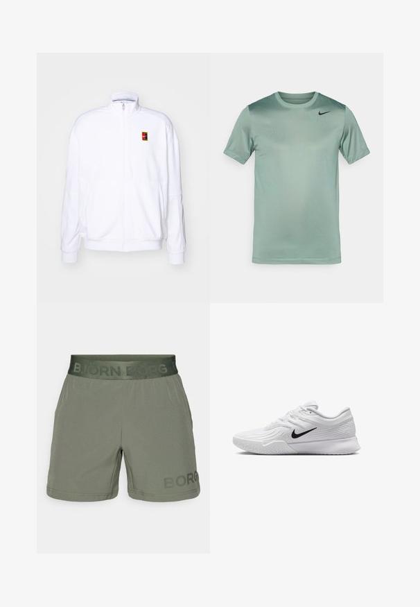 Sweatshirt branco com fecho zíper, feito de um tecido macio, com um gola alta e um pequeno logótipo multicolorido da Nike no lado esquerdo do peito.; T-shirt Nike verde claro, mangas curtas, gola redonda, textura suave, com um subtil degradê e logo swoosh preto no ombro esquerdo.; Calções de desporto verdes feitos de um tecido leve. Apresentam uma cintura elástica com o texto "BJÖRN BORG" e um logo impresso na perna esquerda.; Sapatilha atlética branca com parte superior em malha texturizada, swoosh preto da Nike, colarinho almofadado e sola de borracha com um padrão de ranhura.
