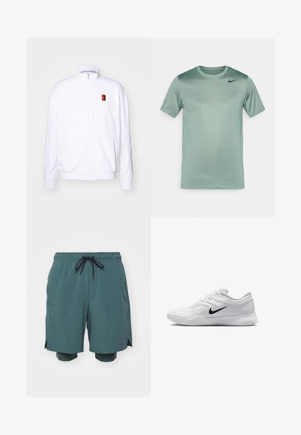 Sweatshirt branco com fecho zíper, feito de um tecido macio, com um gola alta e um pequeno logótipo multicolorido da Nike no lado esquerdo do peito.; T-shirt Nike verde claro, mangas curtas, gola redonda, textura suave, com um subtil degradê e logo swoosh preto no ombro esquerdo.; Nike Performance UNLIMITED - Calções desportivos - vintage green/fir/black; Sapatilha atlética branca com parte superior em malha texturizada, swoosh preto da Nike, colarinho almofadado e sola de borracha com um padrão de ranhura.