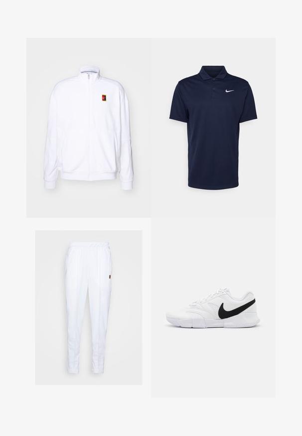 Witte ritsvest gemaakt van zachte stof, met een hoge kraag en een klein meerkleurig Nike-logo op de linkerborst.; Navyblauwe polo gemaakt van gladde stof, met een drieknoopsluiting, korte mouwen en een klein wit Nike-logo op de borst.; Witte sportbroek met een elastische tailleband, voorzien van zijzakken en subtiele stikseldetails langs de benen.; Witte sportieve schoenen met een gestructureerde bovenkant, zwarte Nike swoosh, gewatteerde kraag en een solide rubberen buitenzool met een gepatternde profiel.