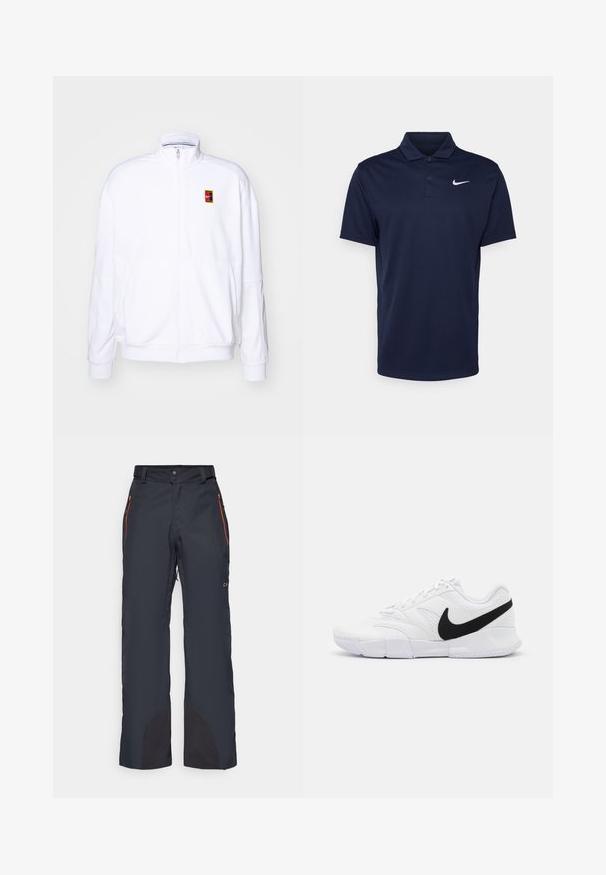 Hvit zip-up hettegenser laget av mykt stoff, med høy hals og en liten multicolor Nike-logo på venstre bryst.; Marineblå piké laget av glatt stoff, med en tre-knappers knappestolpe, korte ermer, og en liten hvit Nike-logo på brystet.; Skibukser i mørk marineblå, med oransje glidelås-lommer, trykknapp-lukking og kontrasterende svarte nederste paneler for holdbarhet.; Hvite joggesko med teksturert overdel, svart Nike-svaff, polstret krage og en solid gummiyttersåle med mønstrede spor.