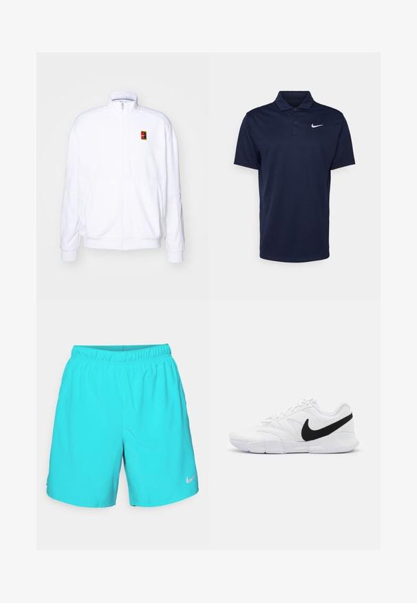 Bela zip-up dukserica iz mehkega materiala, s visokim ovratnikom in majhnim večbarvnim Nike logotipom na levem prsnem delu.; Temno modra polo majica iz gladkega materiala, ki ima tri gumbe, kratke rokave in majhen bel Nike logotip na prsih.; Turkizne Nike šortse z elastičnim pasom, gladko teksturo in majhnim srebrnim logotipom na spodnjem desnem delu noge.; Bele športne čevlje v beli barvi z teksturiranim zgornjim delom, črnim Nike žigom, oblazinjeno ovratnikom in trdim gumijastim podplatom z vzorčastim profilom.