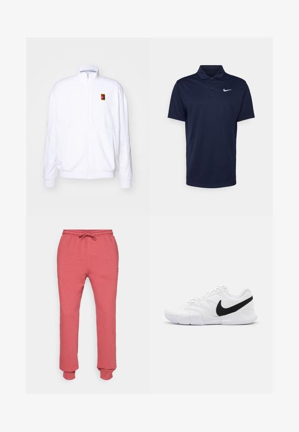 Sweatshirt branco com fecho zíper, feito de um tecido macio, com um gola alta e um pequeno logótipo multicolorido da Nike no lado esquerdo do peito.; Polo de cor azul-marinho feito de tecido suave, com uma pala de três botões, mangas curtas e um pequeno logo branco da Nike no peito.; Calças de fato de treino rosa mescladas com cintura elástica e cordão, apresentando pernas ajustadas e punhos canelados nos tornozelos.; Sapatilhas brancas com um upper texturizado, logo Nike em preto, colarinho almofadado e uma sola de borracha sólida com um padrão de textura.