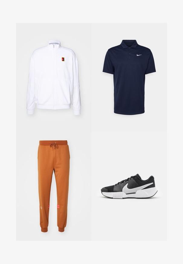 Biała bluza rozpinana wykonana z miękkiego materiału, z wysokim kołnierzem i małym, wielokolorowym logo Nike po lewej stronie klatki piersiowej.; Granatowa koszulka polo wykonana z gładkiego materiału, z trzema guzikami, krótkimi rękawami i małym białym logo Nike na piersi.; Brązowe dresy z elastycznym pasem i sznurkiem; posiada różowe akcenty wzdłuż boków oraz haftowane logo blisko kostki; miękki, teksturowany materiał.; Czarne buty sportowe z teksturowaną cholewką, białym logo swoosh, wyściełanym zapiętkiem oraz kontrastującą białą podeszwą z wzorem w zygzak.