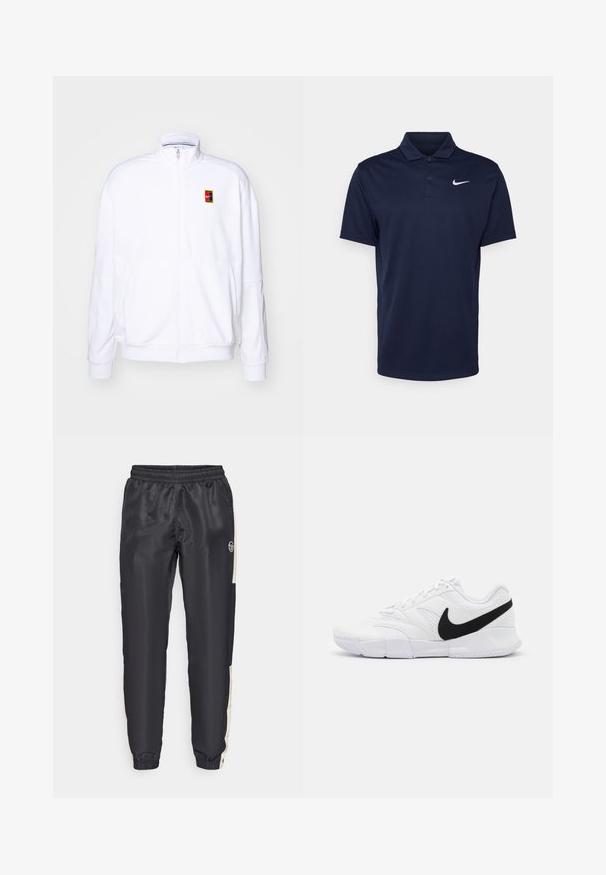 Bílá mikina na zip vyrobená z měkké tkaniny, s vysokým límcem a malým barevným logem Nike na levé hrudi.; Námořnická modrá polo košile vyrobená z hladké látky, s tříknoflíkovou légou, krátkými rukávy a malým bílým logem Nike na hrudi.; Černé sportovní kalhoty vyrobené z hladké tkaniny, s kontrastním béžovým bočním panelem a elastickým pasem se manžetami na kotnících.; Bílé atletické boty se strukturovaným svrškem, černým logem Nike, polstrovaným límcem a pevným gumovým podešvem s vzorovaným profilem.