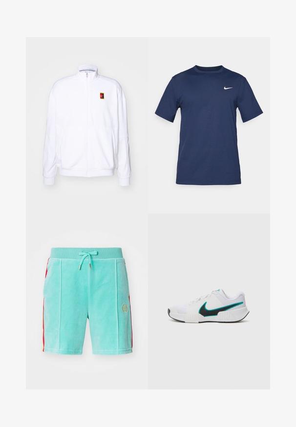 Valge tõmmatav kapuutsiga sviiter, mis on valmistatud pehmest kangast. Sellel on kõrge kaelus ja väike mitmevärviline Nike logo vasakul rinnal.; Tume sinine Nike'i T-särk, mis on valmistatud pehmest kangast, lühikeste varrukatega, ümmarguse kaeluse ja väikese valge logoga vasakul rinnal.; Türkiissinine veluursed lühikesed püksid ribakujulise vöökoht, nööriga ja kuldsete detailidega; külgedel on punased triibud ja logo vasakul jalal.; Valge sportlik toss, millel on tekstureeritud võrkmaterjalist ülaosa, must kummist tald ja türkiissinine Nike'i logo aktsent. Eriomadusteks on paelad ja polsterdatud krae.