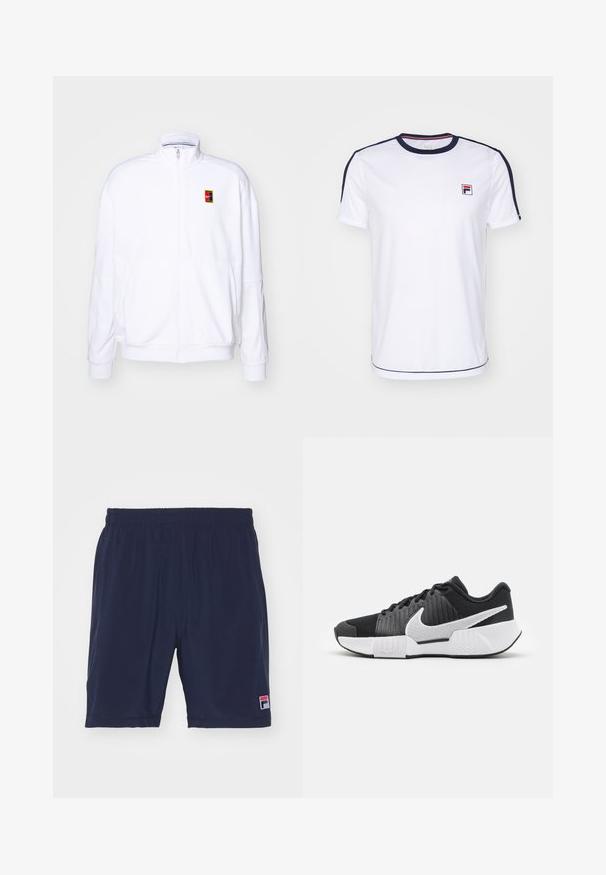 Sudadera blanca con cremallera hecha de una tela suave, con un cuello alto y un pequeño logotipo de Nike multicolor en el lado izquierdo del pecho.; Camiseta de manga corta blanca hecha de tejido transpirable, con acentos en azul marino en las mangas y un pequeño logo de FILA en el pecho.; Fila SHORTS FILIP - Pantalón corto de deporte - navy; Zapatillas deportivas negras con parte superior texturizada, logo de swoosh blanco, talón acolchado y suela blanca contrastante con un patrón en zigzag.