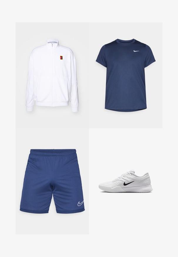 Vit zip-up sweatshirt gjord av mjukt tyg, med hög krage och en liten flerfärgad Nike-logga på vänster bröst.; Marinstrålsblå kortärmad sporttröja i smidigt, lätt tyg; har en liten vit Nike-logga på övre vänster sida.; Blå sportshorts gjorda av lätt material. Har en elastisk midja och en vit Nike swoosh-logotyp på den nedre sidan.; Vit träningsskor med strukturerad mesh-överkonstruktion, svart Nike-swoosh, vadderad krage och gummiyttersula med mönster.