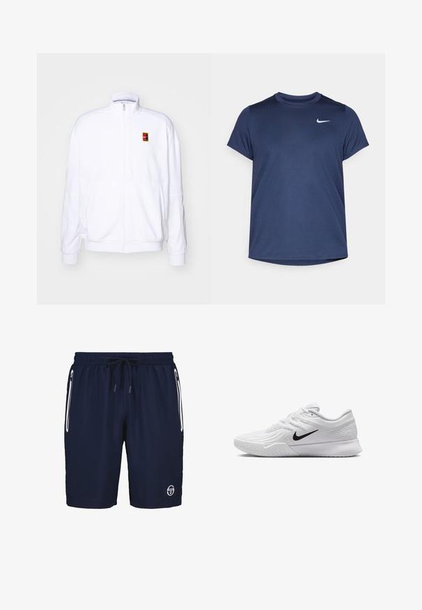 Felpa bianca con zip realizzata in tessuto morbido, con colletto alto e un piccolo logo Nike multicolore sul lato sinistro del petto.; T-shirt atletico a maniche corte di colore blu navy, realizzato in tessuto leggero e morbido; presenta un piccolo logo Nike bianco in alto a sinistra.; Shorts da bagno blu navy con elastico in vita e lacci regolabili. Presentano due tasche con zip bianche e un logo sulla gamba sinistra.; Scarpa da ginnastica bianca con tomaia in mesh testurizzato, logo Nike nero, collo imbottito e suola in gomma con un motivo di battistrada.