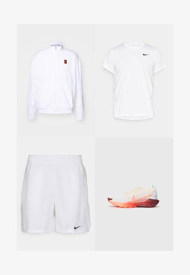 Felpa bianca con zip realizzata in tessuto morbido, con colletto alto e un piccolo logo Nike multicolore sul lato sinistro del petto.; T-shirt Nike bianca a maniche corte realizzata in materiale sintetico liscio, con un logo nero sul lato sinistro del petto.; Pantaloni corti sportivi bianchi con vita elasticizzata, caratterizzati da un logo Nike swoosh nero sul lato sinistro inferiore. Tessuto liscio senza motivi.; Nike Performance REACTX PEGASUS 5 GTX - Scarpe da trail running - sail/hyper crimson/glacier blue/dark team red/silt red
