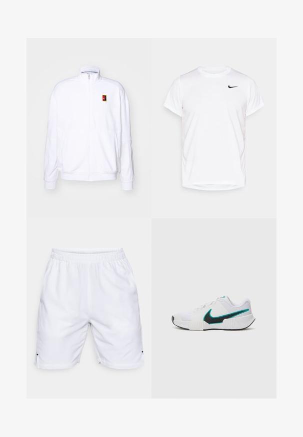 Sweatshirt branco com fecho zíper, feito de um tecido macio, com um gola alta e um pequeno logótipo multicolorido da Nike no lado esquerdo do peito.; T-shirt Nike de manga curta branca, feita de material sintético suave, com um logo preto no lado esquerdo do peito.; Calções de atletismo brancos feitos de um tecido leve. Apresentam uma cintura elástica e pequenas aberturas laterais na barra. Sem padrões ou detalhes visíveis.; Tênis atlético branco com parte superior em malha texturizada, solado de borracha preta e detalhe em swoosh Nike teal. Apresenta cadarços e colarinho acolchoado.