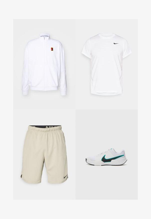 Hanorac alb cu fermoar, realizat dintr-un material moale, având guler înalt și un mic logo Nike multicolor pe partea stângă a pieptului.; Cămașă Nike cu mânecă scurtă, albă, fabricată dintr-un material sintetic fin, având un logo negru pe partea stângă a pieptului.; Șorturi atletice bej, dintr-un material ușor, cu un tiv elastic la talie, fante laterale și un mic logo Nike negru pe partea stângă jos.; Shoe sportiv alb cu un superior din plasă texturată, talpă din cauciuc negru și accent Nike swoosh în nuanță teal. Dispune de șireturi și guler căptușit.