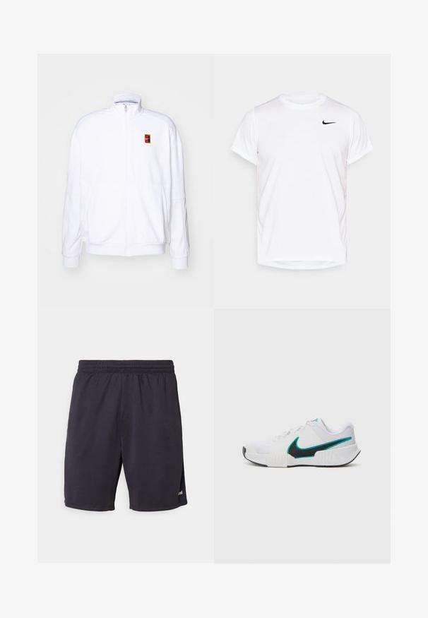 Bela zip-up dukserica iz mehkega materiala, s visokim ovratnikom in majhnim večbarvnim Nike logotipom na levem prsnem delu.; Bela kratka majica s kratkimi rokavi Nike, izdelana iz gladkega sintetičnega materiala, z črnim logotipom na levi strani prsnega koša.; Mornarski šorty iz lahkega materiala z elastičnim pasom, ki imajo subtilen lesk in stranske reze za enostavno gibanje.; Bela športna copata z teksturiranim mrežastim zgornjim delom, črnimi gumijastimi podplati in teal Nike simbolom kot poudarkom. Ima vezalke in oblazinjen ovratnik.