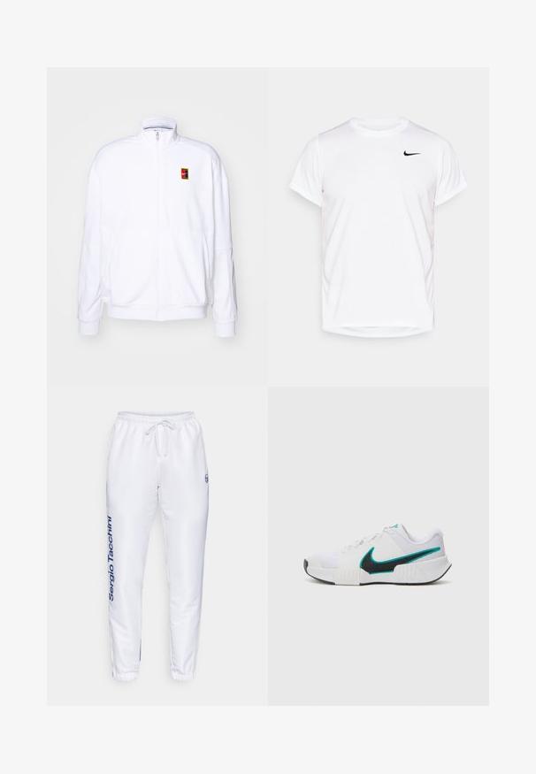 Vit zip-up sweatshirt gjord av mjukt tyg, med hög krage och en liten flerfärgad Nike-logga på vänster bröst.; Vit kortärmad Nike-t-shirt i slät syntetisk material, med en svart logotyp på vänster sida av bröstet.; Vita trackbyxor med elastisk midjeband och dragsko. Har en blå logotyp och varumärkesnamnet "Sergio Tacchini" på sidan, smala muddar.; Vit idrottssko med texturerat mesh-övre, svart gummisula och turkosa Nike-logga som accent. Har snören och vadderad krage.